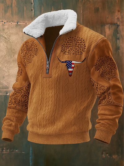 Men's Retro Western Style Art Print Jacquard Fabric Zipper Fur Collar Long Sleeve Sweatshirt