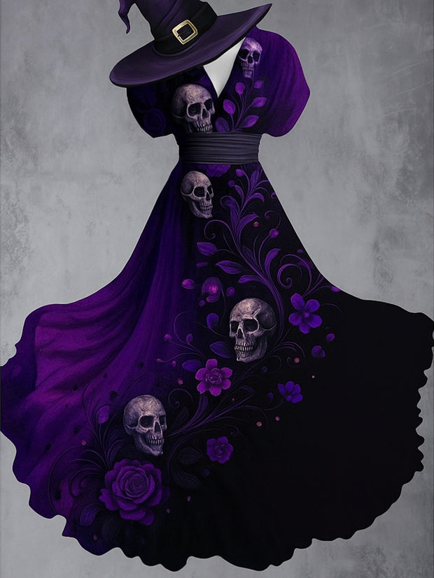 Retro Skull Gothic Floral Art Printed Elegant V-Neck Vintage Short Sleeve Maxi Dress