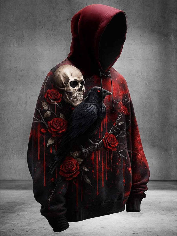 Gothic Halloween Floral Printed Vintage Round-Neck Drawstring Long-Sleeved Hoodie