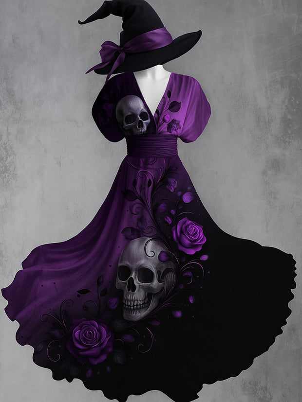 Retro Skull Gothic Floral Art Printed Elegant V-Neck Vintage Short Sleeve Maxi Dress