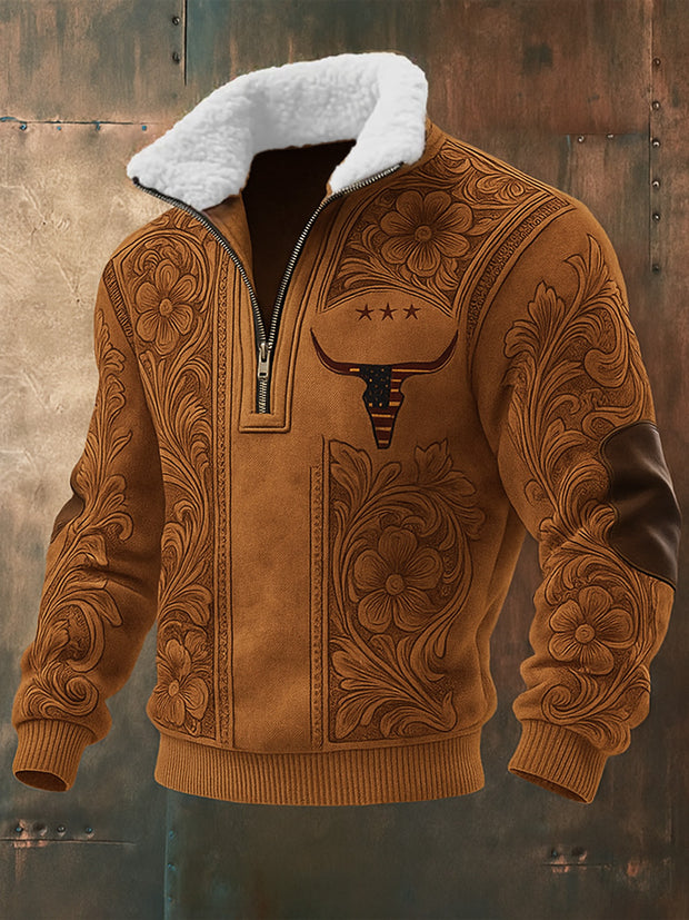 Men's Retro Western Style Art Print Jacquard Fabric Zipper Fur Collar Long Sleeve Sweatshirt