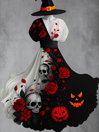 Retro Skull Gothic Floral Art Printed Elegant V-Neck Vintage Short Sleeve Maxi Dress