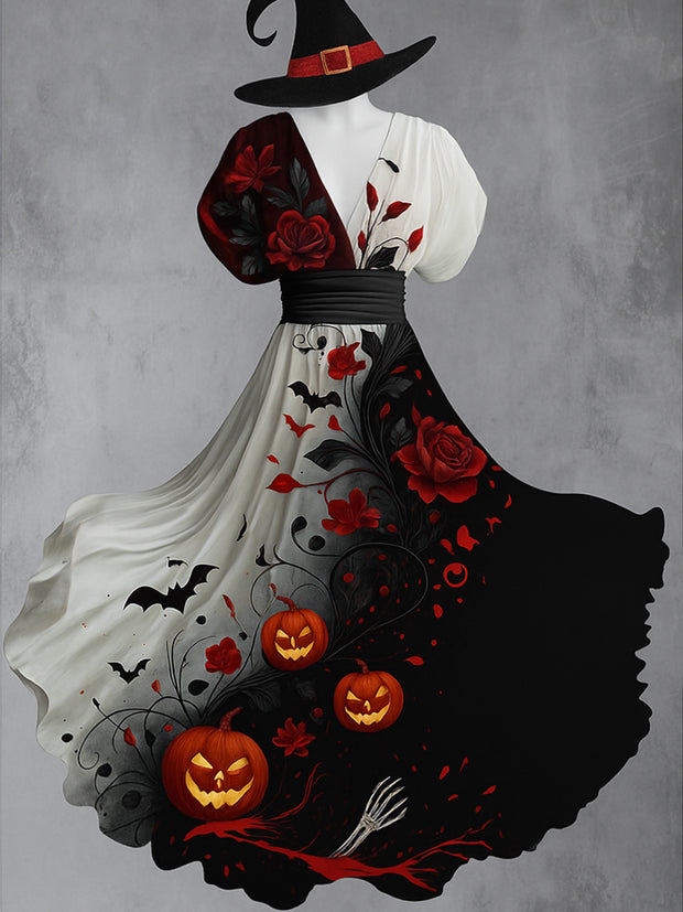 Retro Skull Gothic Floral Art Printed Elegant V-Neck Vintage Short Sleeve Maxi Dress