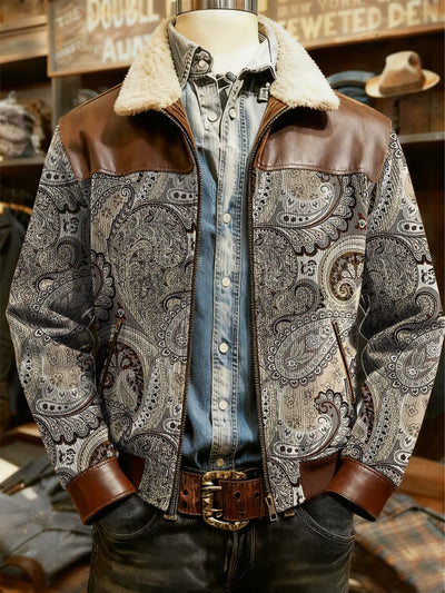 Men's Retro Western Style Print Casual Wool-Neck Lapel Zipper Jacket