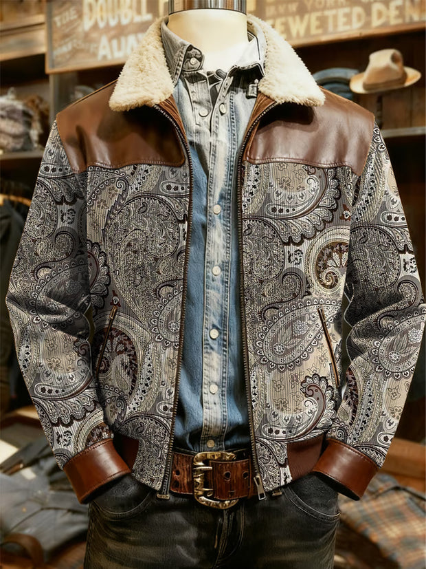 Men's Retro Western Style Print Casual Wool-Neck Lapel Zipper Jacket