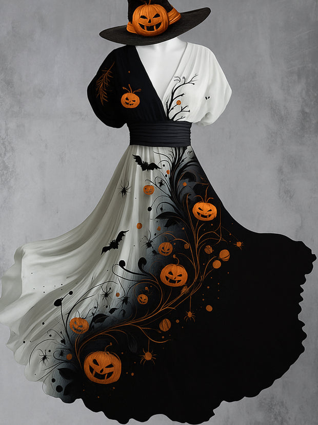 Retro Skull Gothic Floral Art Printed Elegant V-Neck Vintage Short Sleeve Maxi Dress