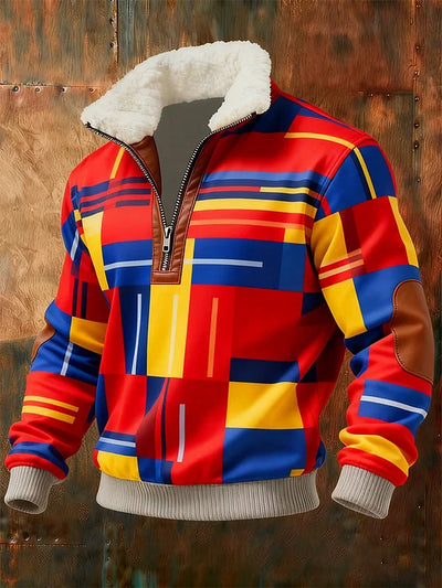 Herren Retro-Sweatshirt mit geometrischem Viertelreißverschluss und Fleece-Ausschnitt