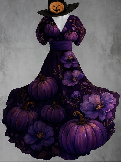 Retro Skull Gothic Floral Art Printed Elegant V-Neck Vintage Short Sleeve Maxi Dress