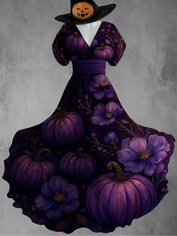 Retro Skull Gothic Floral Art Printed Elegant V-Neck Vintage Short Sleeve Maxi Dress