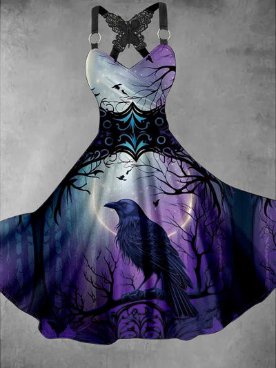 Gothic Crow Art Print Vintage V-Neck Midi Dress