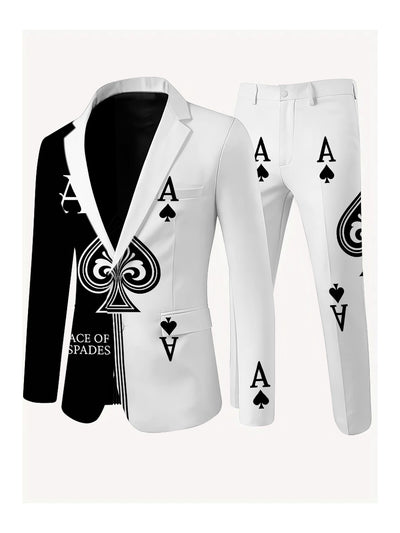 Men's Poker Card Art Print Casual Jacket Trousers Two-Piece Suits