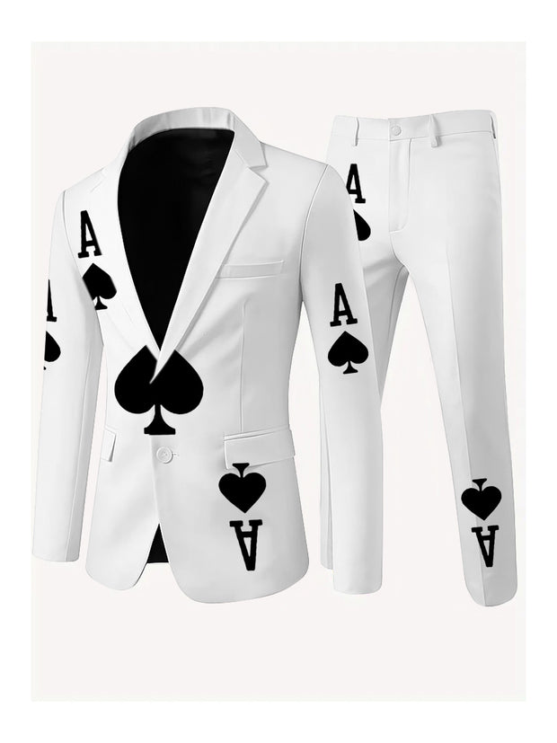 Men's Poker Card Art Print Casual Jacket Trousers Two-Piece Suits