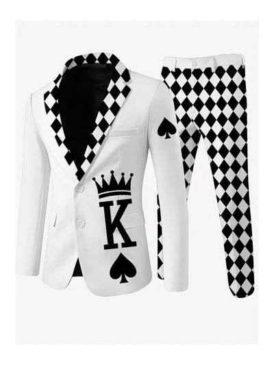 Men's Poker Card Art Print Casual Jacket Trousers Two-Piece Suits