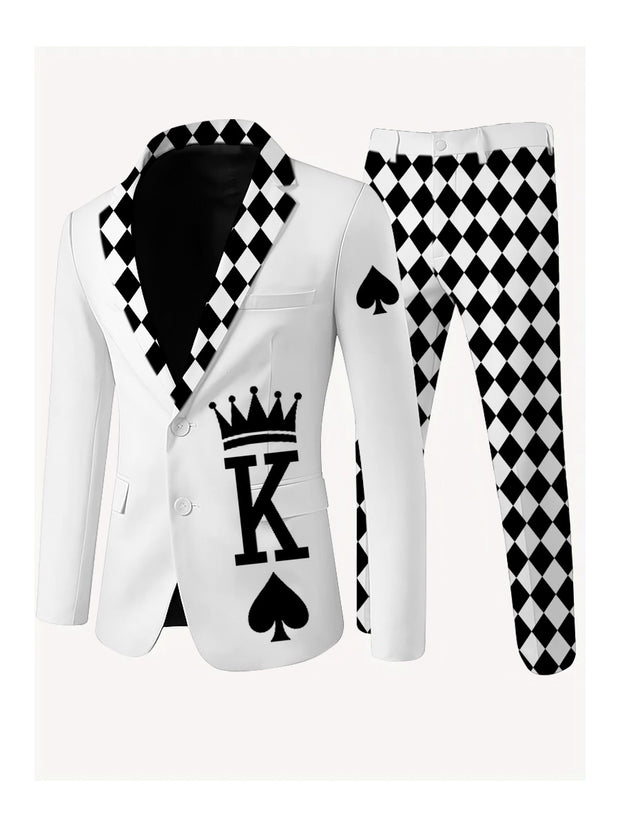 Men's Poker Card Art Print Casual Jacket Trousers Two-Piece Suits