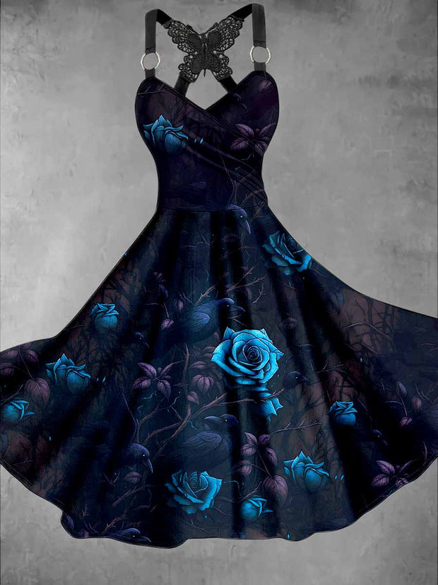 Gothic Crow Floral Art Print Vintage V-Neck Butterfly Cross-Wrap Midi Dress