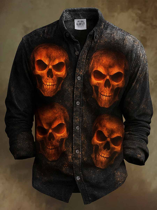 Retro Skull Gothic Art Abstract Printed Cotton Vintage Casual Cotton Long Sleeve Shirt