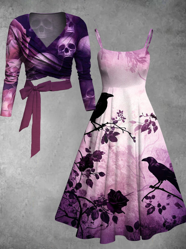 Gothic Crow Art Print Vintage Long Sleeve Two-Piece Midi Dress