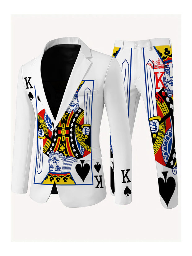 Men's Poker Card Art Print Casual Jacket Trousers Two-Piece Suits