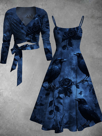 Gothic Crow Art Print Vintage Long Sleeve Two-Piece Midi Dress