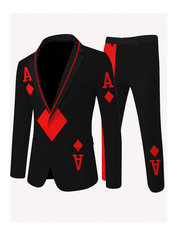 Men's Poker Card Art Print Casual Jacket Trousers Two-Piece Suits