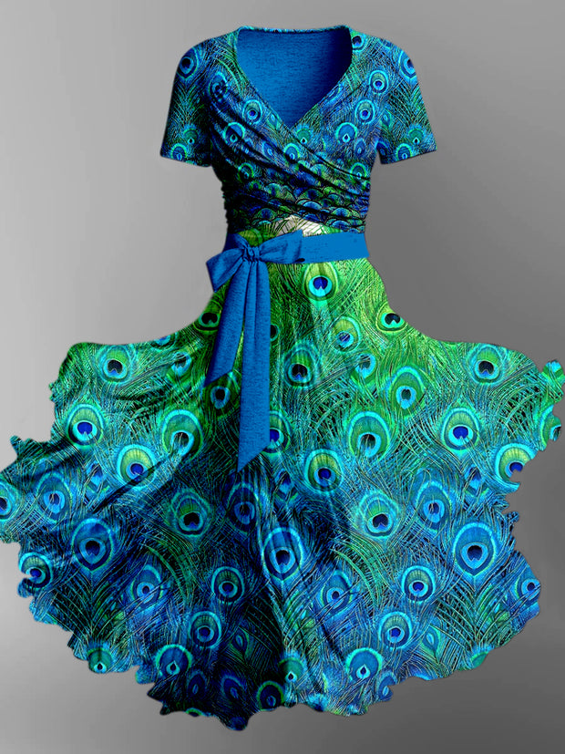 Retro Floral Art Printed Vintage Cross Fold Short Sleeve Two-Piece Midi Dress