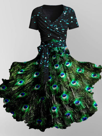 Retro Floral Art Printed Vintage Cross Fold Short Sleeve Two-Piece Midi Dress