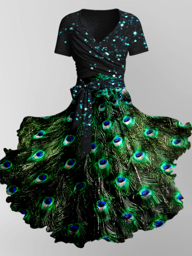 Retro Floral Art Printed Vintage Cross Fold Short Sleeve Two-Piece Midi Dress