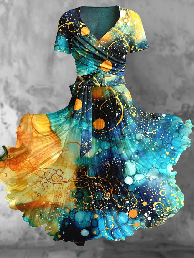 Retro Floral Art Printed Vintage Cross Fold Short Sleeve Two-Piece Midi Dress