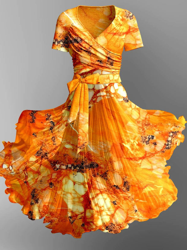 Retro Floral Art Printed Vintage Cross Fold Short Sleeve Two-Piece Midi Dress