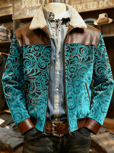Men's Retro Western Style Print Casual Wool-Neck Lapel Zipper Jacket