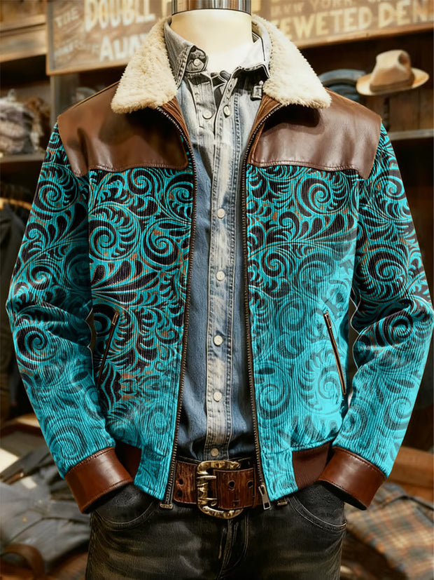 Men's Retro Western Style Print Casual Wool-Neck Lapel Zipper Jacket