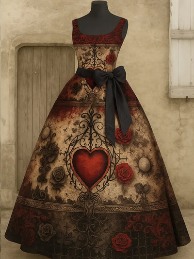 Retro Gothic Floral Art Print V-Neck Sleeveless Cotton Maxi Dress