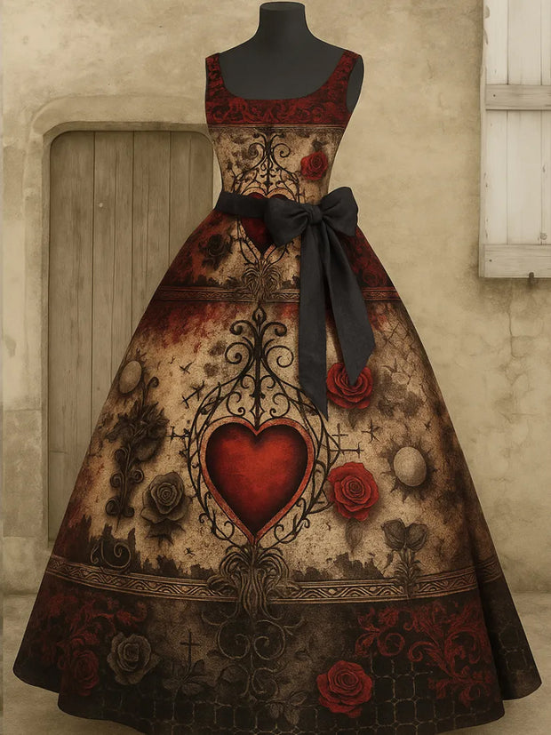 Retro Gothic Floral Art Print V-Neck Sleeveless Cotton Maxi Dress