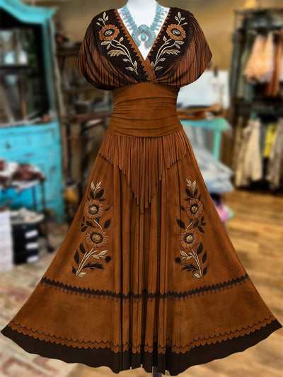 Retro Suede Fringes Floral Carved Art V-Neck Vintage Batwing Short Sleeve Maxi Dress