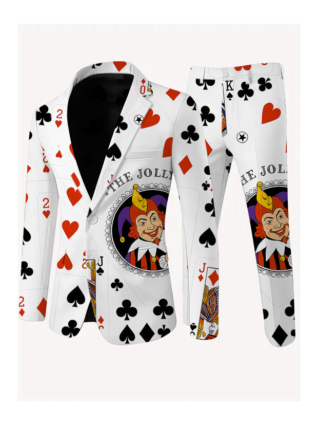 Men's Poker Card Art Print Casual Jacket Trousers Two-Piece Suits
