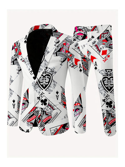 Men's Poker Card Art Print Casual Jacket Trousers Two-Piece Suits