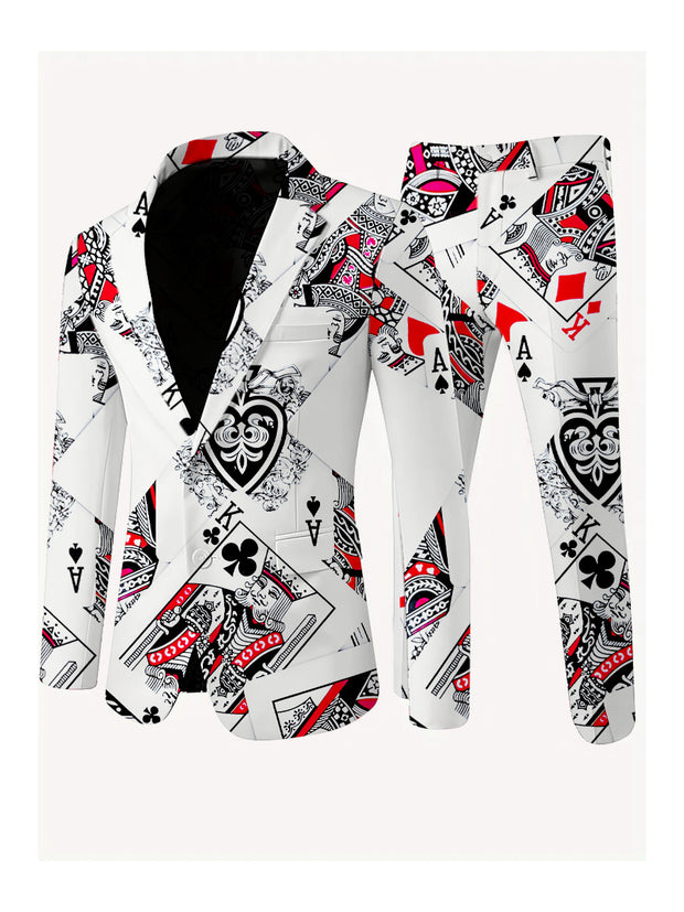 Men's Poker Card Art Print Casual Jacket Trousers Two-Piece Suits