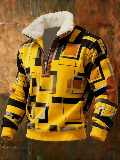 Herren Retro-Sweatshirt mit geometrischem Viertelreißverschluss und Fleece-Ausschnitt
