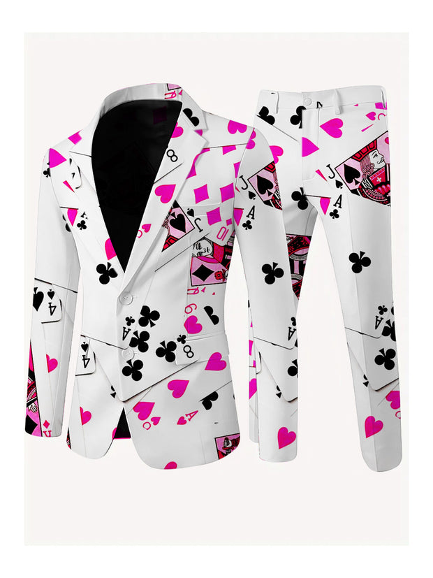 Men's Poker Card Art Print Casual Jacket Trousers Two-Piece Suits