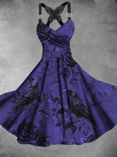 Halloween Gothic Crow Floral Art Print V-Neck Vintage Midi Dress