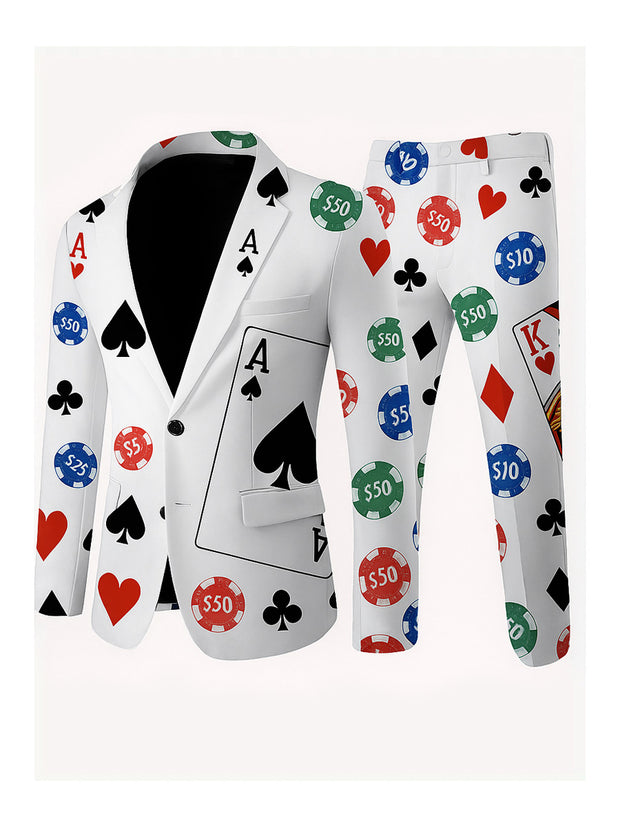 Men's Poker Card Art Print Casual Jacket Trousers Two-Piece Suits