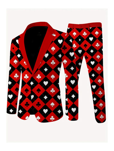 Men's Poker Card Art Print Casual Jacket Trousers Two-Piece Suits