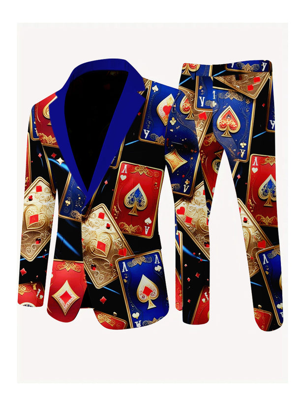 Men's Poker Card Art Print Casual Jacket Trousers Two-Piece Suits