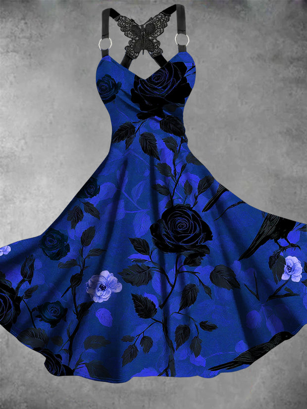 Retro Halloween Gothic Floral Art Printed Vintage V-Neck Pleated Butterfly Cross-Wrap Midi Dress