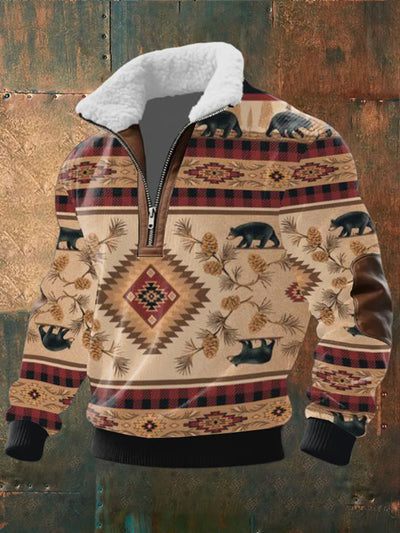 Men's Retro Western Art Print Jacquard Fabric Zipper Fur Collar Long Sleeve Sweatshirt