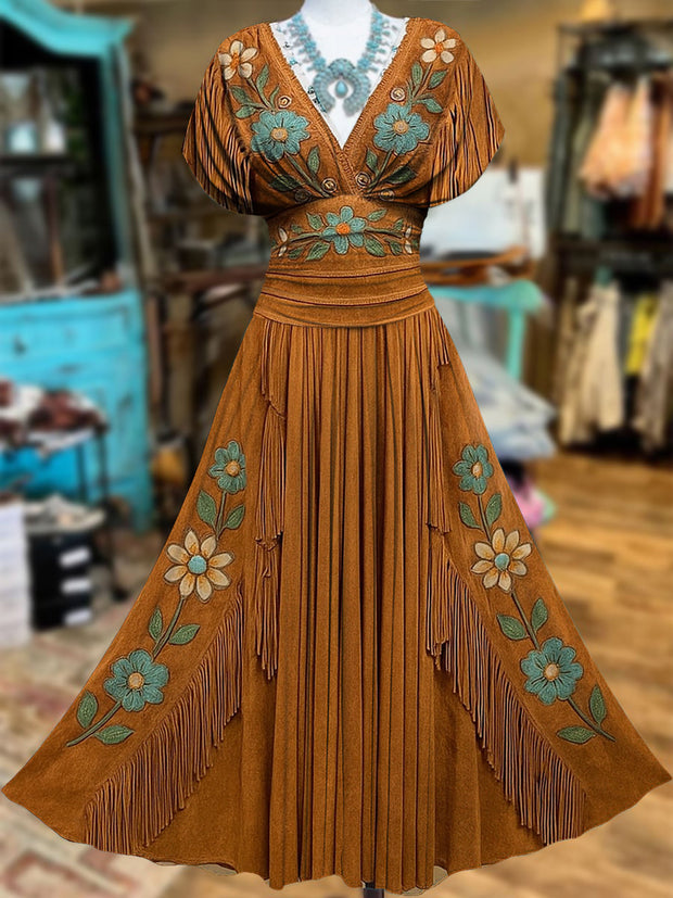 Retro Suede Fringes Floral Carved Art V-Neck Vintage Batwing Short Sleeve Maxi Dress