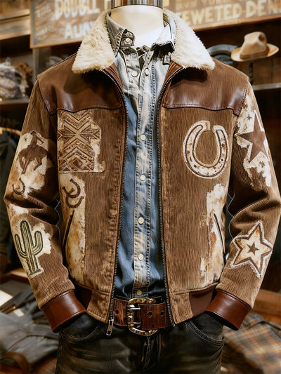 Men's Retro Western Style Print Casual Wool-Neck Lapel Zipper Jacket