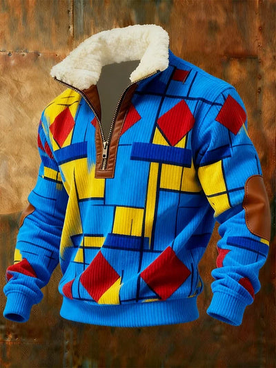 Herren Retro-Sweatshirt mit geometrischem Viertelreißverschluss und Fleece-Ausschnitt