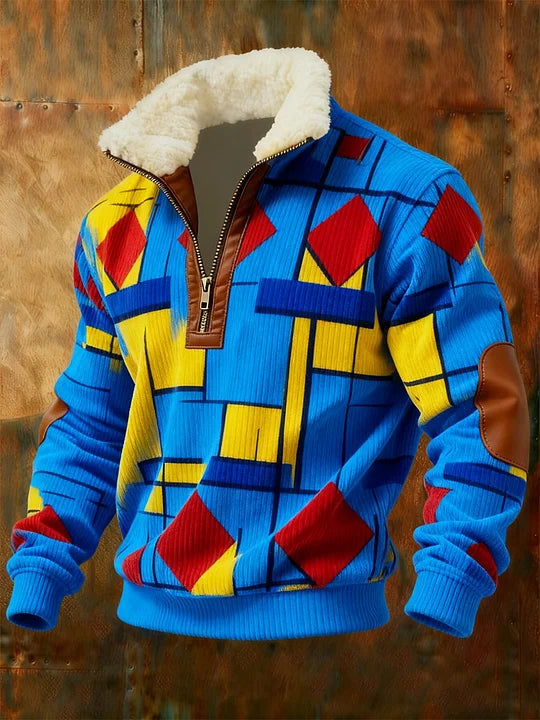 Herren Retro-Sweatshirt mit geometrischem Viertelreißverschluss und Fleece-Ausschnitt