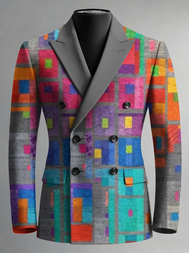 Colorful Check Art Print Double Breasted Blazer